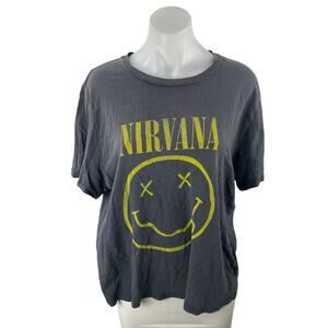 Long Gone Nirvana Smiley Gray Graphic Crew Neck Short Sleeve Tee T-shirt Top M